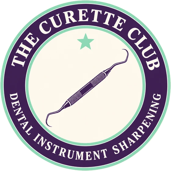The Curette Club logo: a round plum and mint membership seal with a curette and a star, reading The Curette Club, Dental Instrument Sharpening